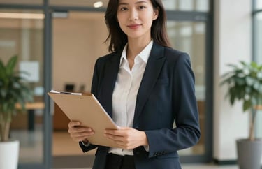 A friendly professional woman in North American business attire, holding a folder, standing in a clean and modern community center entryway.