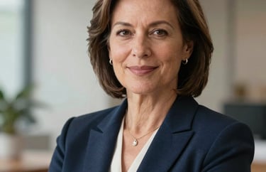 A professional headshot of a mature woman with a kind expression, dressed in a professional navy blazer, North American office setting.