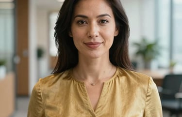 A professional headshot of a woman in a gold-colored professional top, standing in a bright North American office hallway, soft focus.