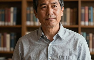 A portrait of a male spiritual guide in North American professional attire, standing in a library with soft light, looking compassionate.