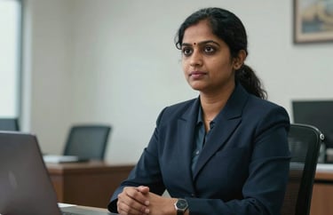 Portrait of a South Asian female administrative director in a clean, modern legal office in Kochi.
