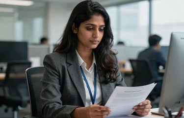 Portrait of a South Asian female consultant in a Kochi office specializing in government-related documentation.