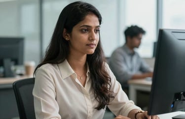 A portrait of a South Asian female professional documentation expert in business attire, working in a bright Kochi office.