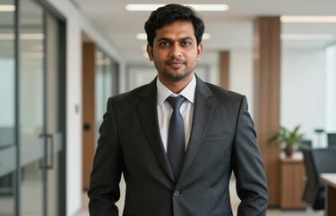 A portrait of a professional South Asian male legal consultant in a sharp dark suit, standing in a modern office corridor in Kochi.
