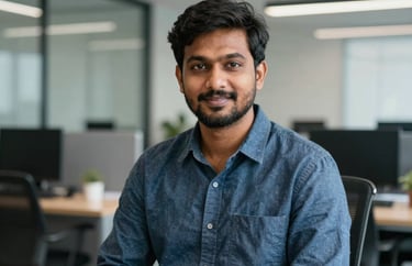 Portrait of a South Asian male professional translator in a modern office setting, looking friendly and reliable.
