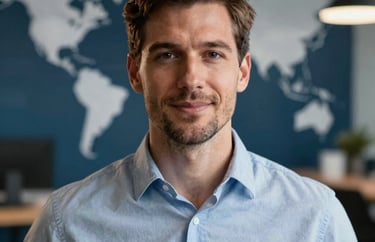 A professional headshot of a confident male executive in a modern workspace, International / Global, soft bokeh background with Dark Blue and Steel Blue highlights.