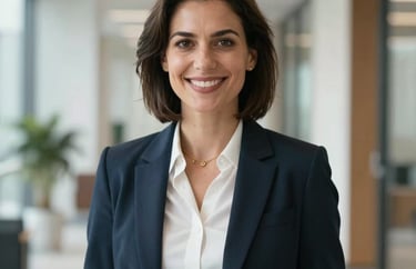 A high-resolution portrait of a smiling professional woman in business attire, International / Global, standing in a bright office hallway, soft natural lighting.