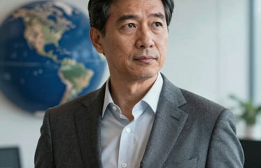 A professional corporate headshot of a mature man with a visionary expression, wearing a tailored suit, International / Global, clean office background with Silver and Dark Blue tones.