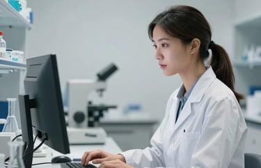 A professional portrait of a woman working at a computer in a clean, minimalist scientific laboratory, International / Global, cool Silver and Off-White lighting.