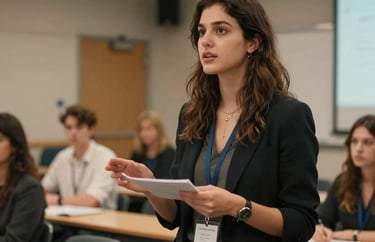 A candid, professional photograph of a young woman leading a workshop in a modern seminar room, International / Global, focus on expressive engagement, warm lighting.