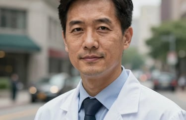 A professional male psychiatrist headshot, looking approachable and confident, outdoor urban North American setting with soft focus background.