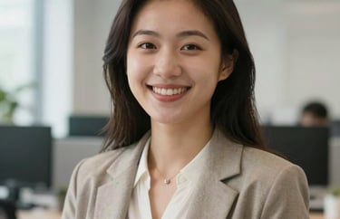 A professional female youth mentor headshot, smiling warmly, wearing casual professional attire in a bright indoor office setting.
