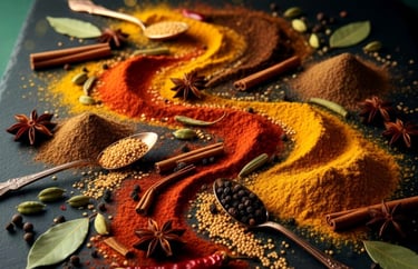 épices colorées en tas et en routes sinueuses en poudre et entières rouge et jaune