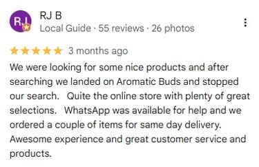 Five-star Google review for Aromatic Buds praising their online store, same day delivery, and customer service.
