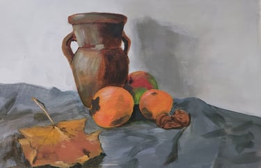 Stil leven met esdoorn blad, acryl op papier