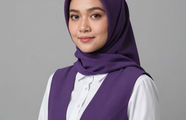 Professional studio portrait of a Southeast Asian woman wearing a hijab and a professional white shirt with a purple vest. Neutral light grey background.