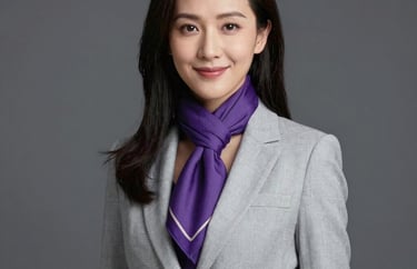 Professional studio portrait of a Southeast Asian woman in a smart casual light grey blazer with a purple scarf. Friendly and approachable expression. Neutral background.