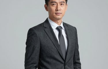 Professional studio portrait of a Southeast Asian man in a dark charcoal suit, looking authoritative yet helpful. Neutral light grey background.