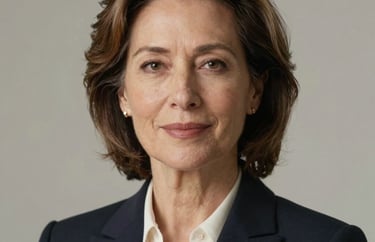 Professional studio headshot of a mature North American woman in elegant professional clothing. She has a warm, authoritative expression. Soft natural lighting.