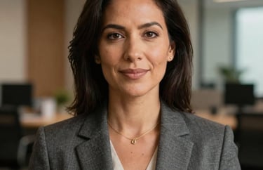 Professional headshot of a North American woman in a smart business suit. Warm and professional lighting, set against a modern office backdrop.