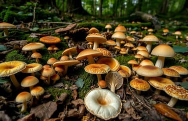 forest floor showcasing variety of wild mushrooms, sunlight filtering through
