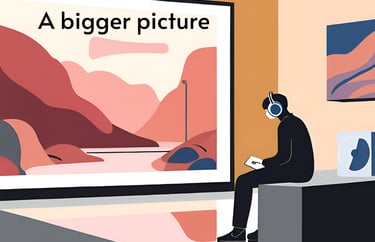 Person sitting in museum or art gallery, listening to audio guide sound design through headphones