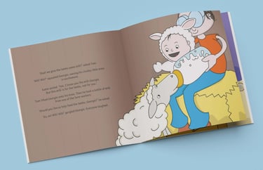 Lamb in a Pram children's book by Carole Anne McKissock. Baby feeding lamb with bottle.