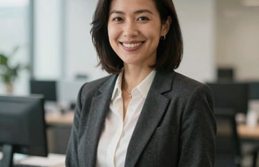 Professional portrait of a woman in business casual attire in a bright office, North American / US, smiling warmly, soft bokeh background.
