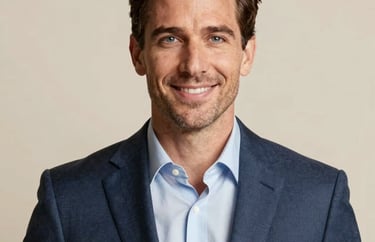 Portrait of a man in professional North American attire, soft smile, slate blue and creamy pearl tones in the background, high-end photography.