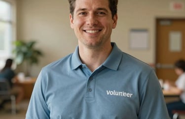 Portrait of a male volunteer in a slate blue polo shirt, smiling, North American community center setting, warm sunbeams, professional quality.