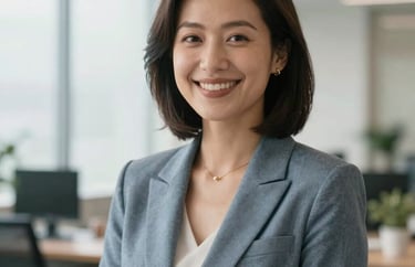 Portrait of a smiling woman in a North American setting, wearing a warm gray-blue blazer, bright and optimistic office environment, soft lighting.