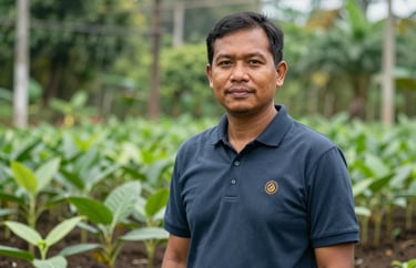 Portrait of a Southeast Asian man, environmental scientist style, wearing a polo shirt with a foundation logo, standing in a lush nursery of tree seedlings.