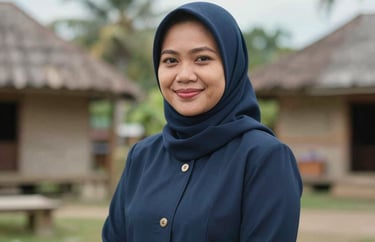 Portrait of a professional Southeast Asian woman, specialist in community engagement, outdoors in an Indonesian village setting, friendly and professional.