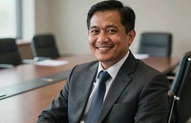 Portrait of a Southeast Asian man in a professional suit, smiling confidently in a corporate boardroom setting in Indonesia, soft natural lighting.