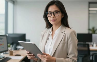Portrait of a Southeast Asian woman expert, wearing professional attire and glasses, holding a tablet with data charts, in a clean and modern Indonesian office.