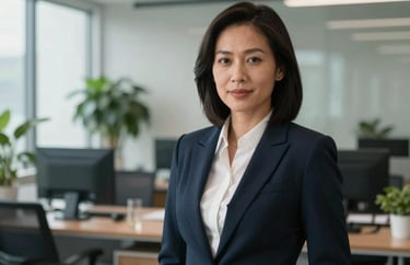 Portrait of a Southeast Asian woman in professional business attire, standing in a bright modern office with plants, representing environmental leadership and integrity.