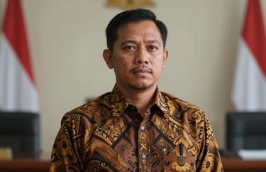 Portrait of a professional Southeast Asian man, appearing as a legal expert, wearing a batik shirt in a formal Indonesian legal setting, trustworthy expression.