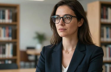 A portrait of an International / English-speaking professional woman with glasses, looking thoughtful in a modern, minimal library setting.