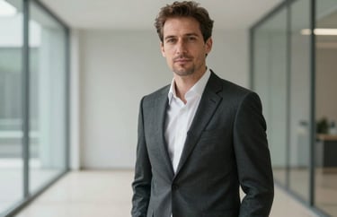 A professional portrait of an International / English-speaking professional man in a tailored suit, standing in a clean, minimalist architectural space with glass walls.