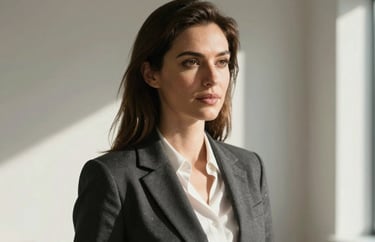 A professional photography portrait of a woman in business attire, International / English-speaking professional, looking confident in a sunlit, minimal studio.