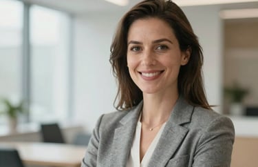 A professional portrait of an International / English-speaking professional woman in a grey blazer, smiling warmly in a bright, modern interior with soft lighting.