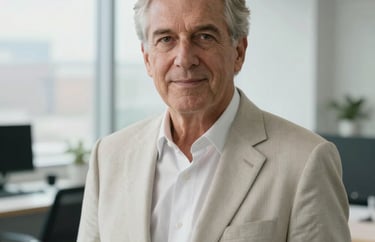 A professional portrait of a senior advisor in a bright, modern workplace, wearing professional North American / International clothing, soft daylight from a window, Mist White tones.