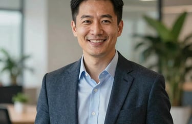 A professional portrait of a male program director in business casual attire, smiling confidently against a soft-focus background of a modern office with indoor plants, North American / International context.