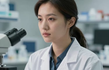 A headshot of a female researcher in a modern laboratory or office setting, wearing professional attire, looking focused and capable, North American / International context.