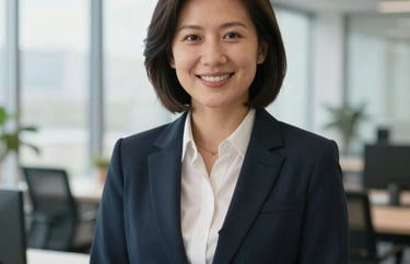 A professional portrait of a sustainability officer in a bright, modern office with large windows, wearing North American / International professional attire, professional lighting.