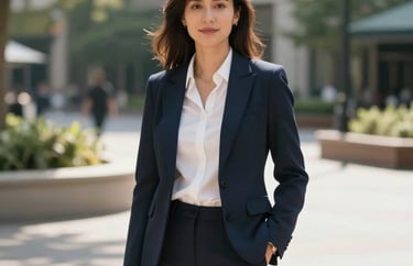 A professional portrait of a community outreach coordinator, wearing a smart casual outfit, standing in a sunlit urban plaza with greenery, North American / International context.