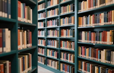 A serene library setting in the US, with tall shelves of books and a peaceful reading area, featuring deep teal accents and warm lighting.