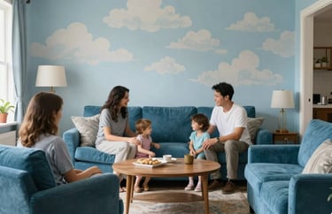 A warm, inviting family center interior in the US, with comfortable furniture in ocean blue and walls decorated with soft sky blue patterns, conveying safety and support.
