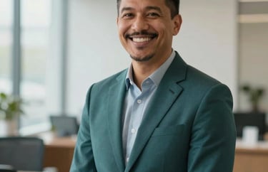A professional portrait of a community leader in a North American setting, smiling warmly, wearing a deep teal blazer, with a soft-focus background of a clean modern office.
