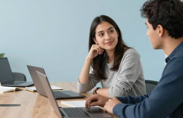 A bright classroom setting in North America, showing a mentorship session with books and laptops on a light oak table, soft mist and sky blue wall colors, creating a focused and uplifting atmosphere.